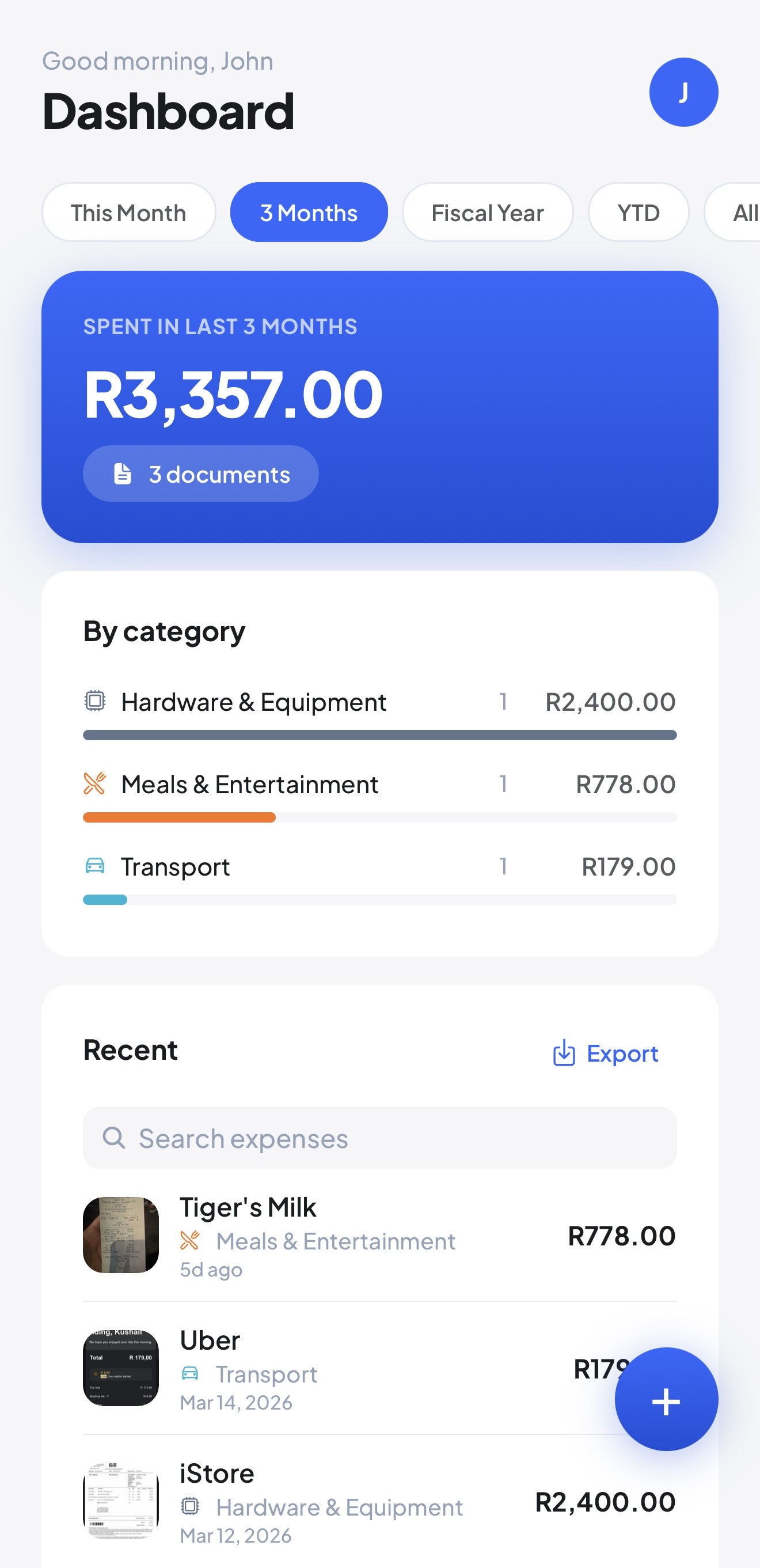 Ledge app dashboard showing expense tracking